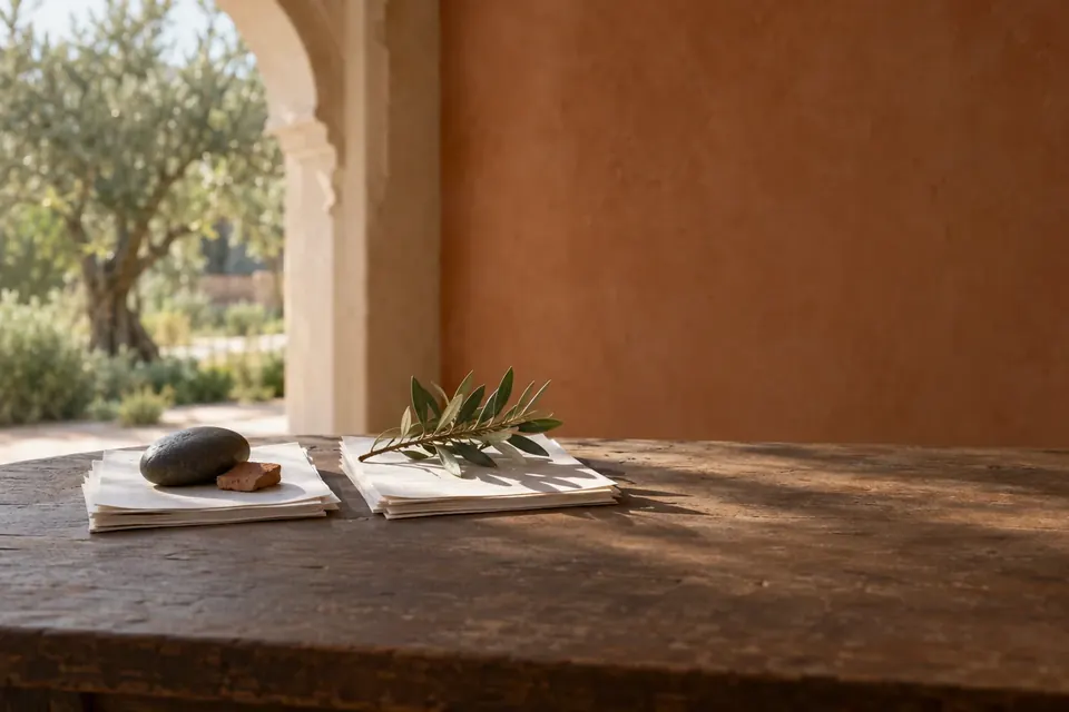 Comptes rendus posés sur une table de bois, jardin d’oliviers en arrière-plan