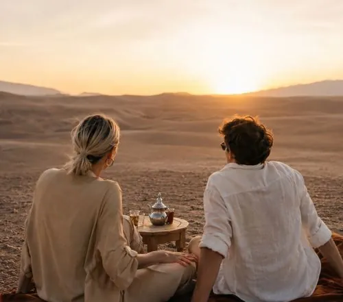 Couple contemplant le coucher de soleil dans le désert près de Marrakech