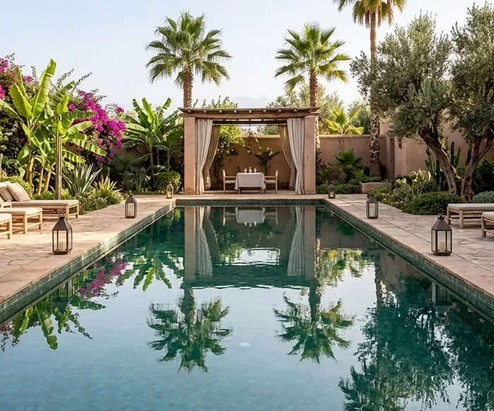 Garden and pool of an impeccably maintained Marrakech riad