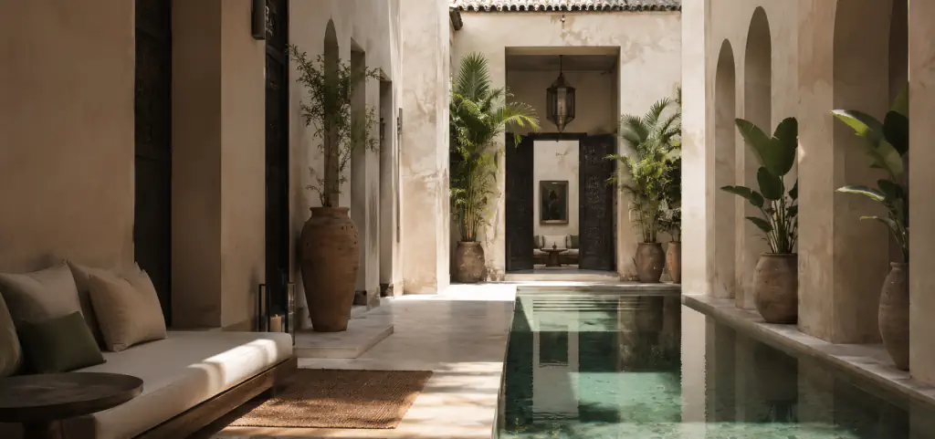 Piscine en couloir d’un riad de Marrakech, eau claire entre deux galeries